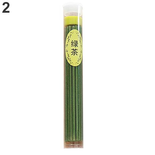 Green tea incense sticks in a clear capped tube with a yellow-green label.