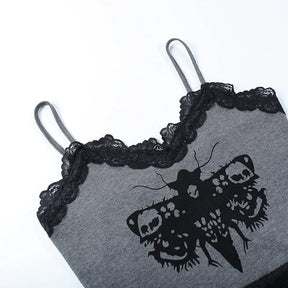Grey moth camisole laid flat with both thin straps extended. Black floral lace borders the neckline and lower edge.