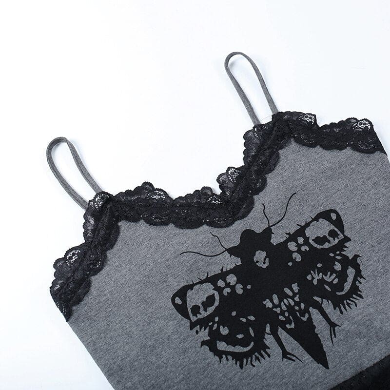 Grey moth camisole laid flat with both thin straps extended. Black floral lace borders the neckline and lower edge.