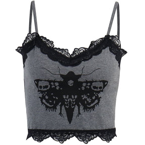 Grey gothic moth crop tank isolated against white, with spaghetti straps, a black chest graphic and lace at both edges.