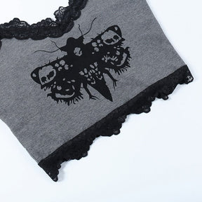Black moth with skull markings printed across the grey tank, shown flat above the scalloped black lace hem.