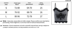 Size chart for the grey moth tank in S, M and L, giving bust, lower circumference and length measurements in centimetres beside a product photo.