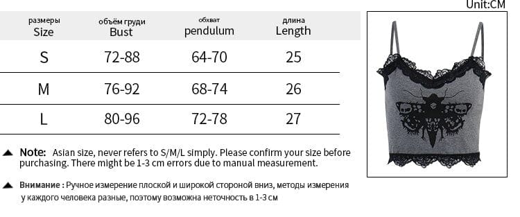 Size chart for the grey moth tank in S, M and L, giving bust, lower circumference and length measurements in centimetres beside a product photo.