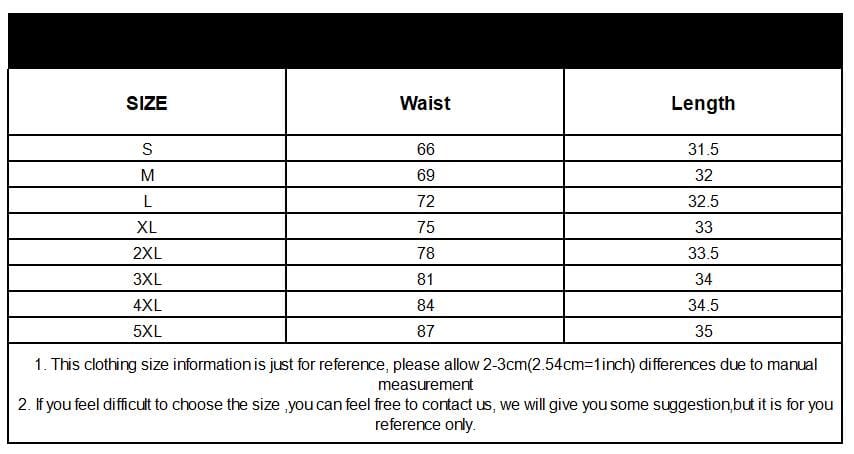 Supplier size chart for the grid-print skort, showing waist and length in centimetres from S through 5XL. This listing offers S through 3XL.