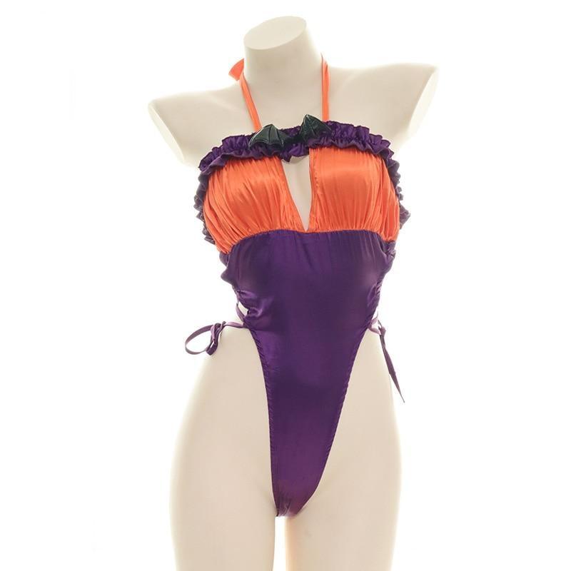Orange and purple Halloween bodysuit with ruffled trim, a bat neckline accent, halter ties, and lace-up sides