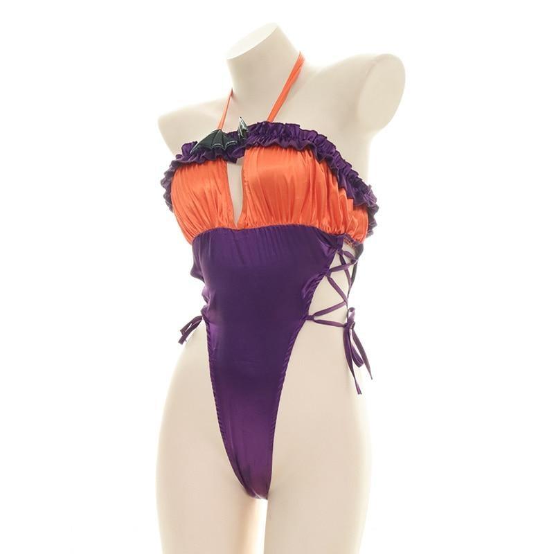 Orange and purple Halloween bodysuit with ruffled trim, a bat neckline accent, halter ties, and lace-up sides