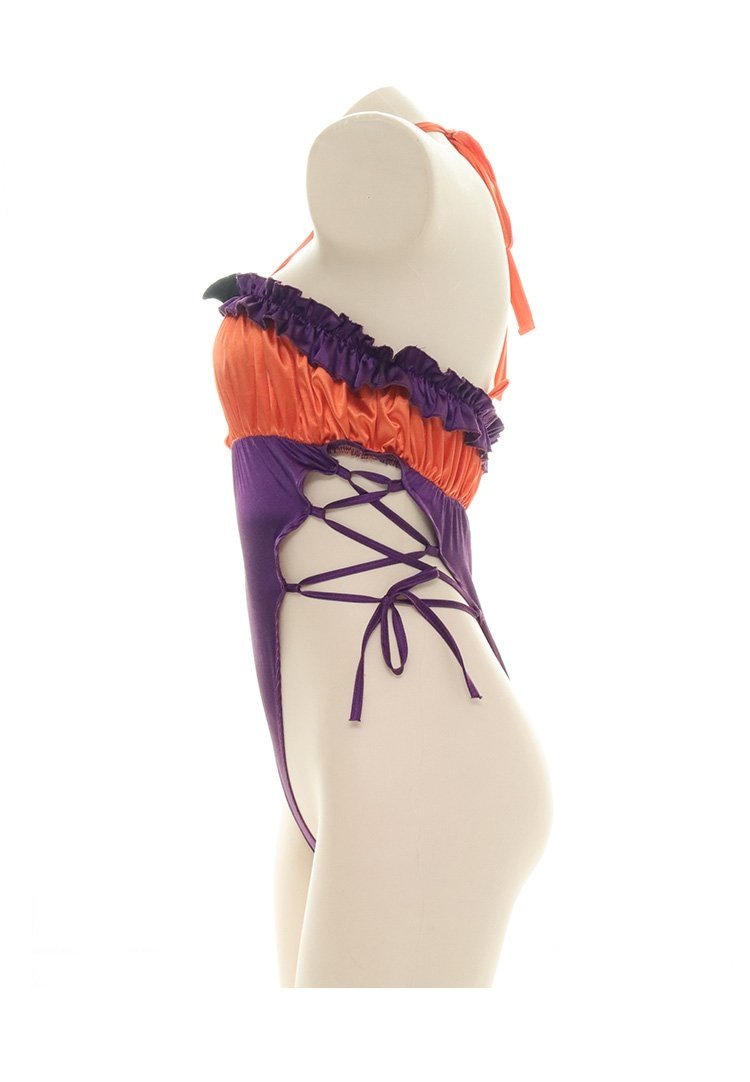 Orange and purple Halloween bodysuit with ruffled trim, a bat neckline accent, halter ties, and lace-up sides