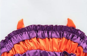Orange and purple Halloween bodysuit with ruffled trim, a bat neckline accent, halter ties, and lace-up sides