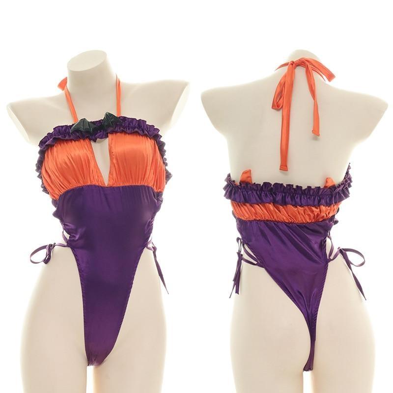 Orange and purple Halloween bodysuit with ruffled trim, a bat neckline accent, halter ties, and lace-up sides