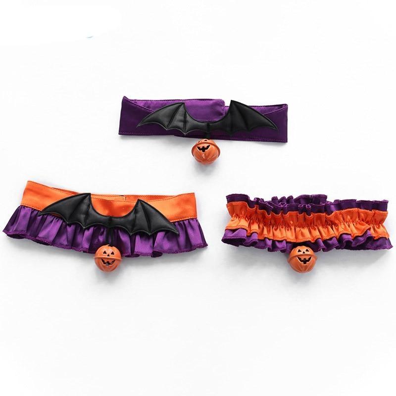Three Halloween choker designs on white: a plain purple bat-wing band, orange-and-purple ruffles with wings, and a gathered orange ruffle style.