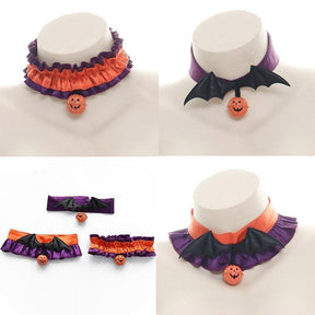 Comparison collage of three Halloween pumpkin chokers on display busts and laid flat, showing the ruffled and bat-wing styles.