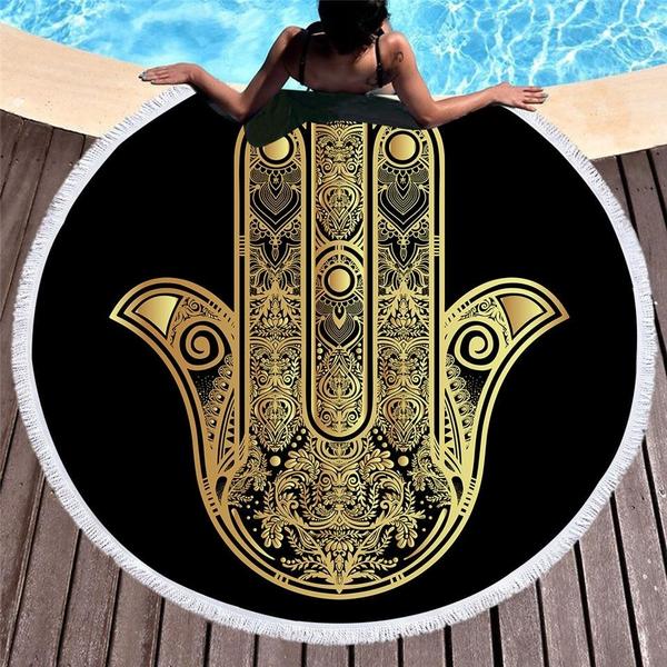 Black Hamsa Mandala Area Rug Beach Towel Floor Yoga Mat Spiritual Reiki Chakra Healing Hindu Indian by Arcane Trail