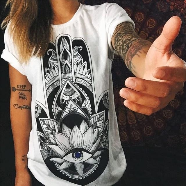 Hamsa Yoga Namaste T-Shirt Tee Top Lotus Flower Mandala New Age Spirituality White Black by Arcane Trail