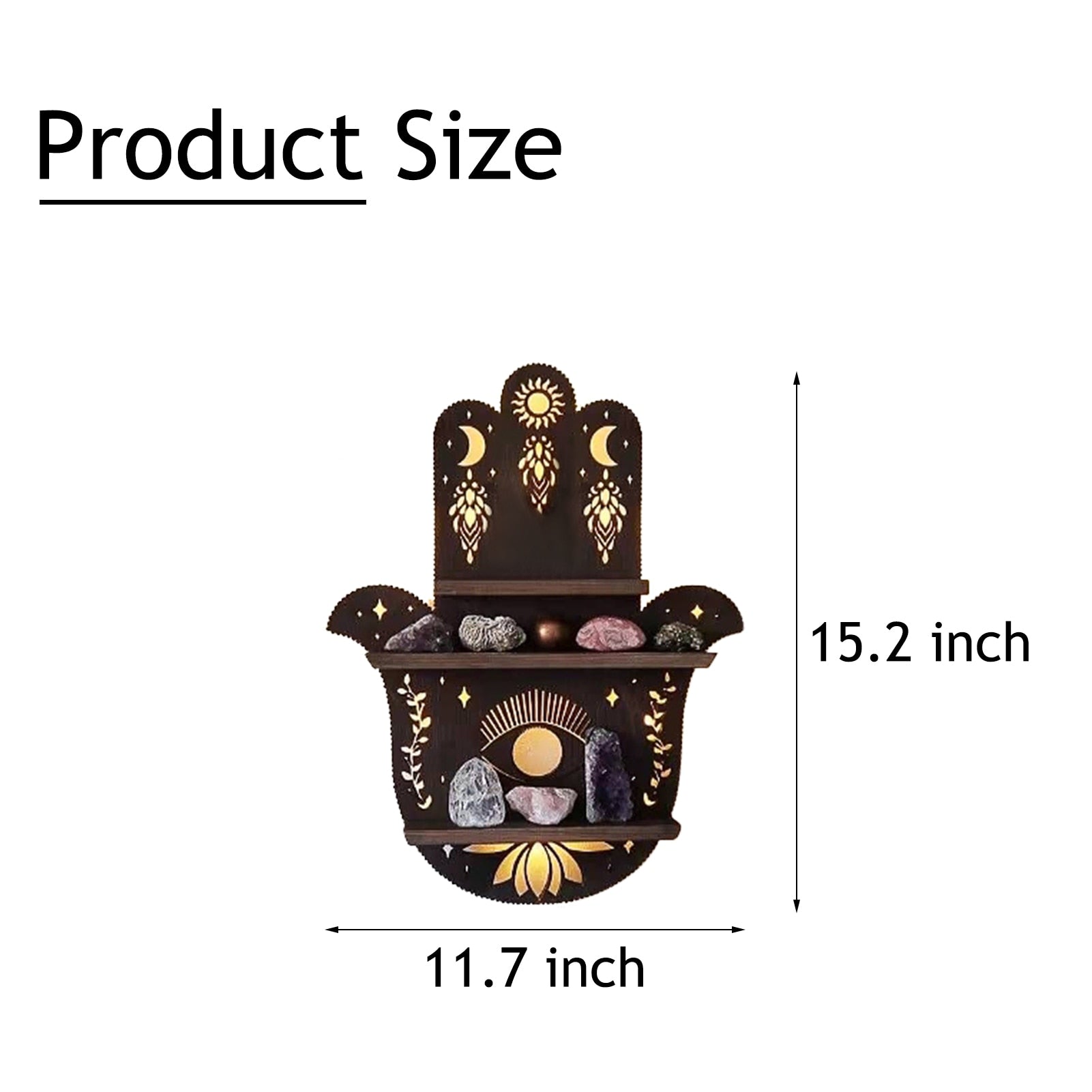 Measurement guide for the Hamsa wooden shelf, labeling the overall height 15.2 inches and width 11.7 inches.
