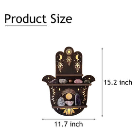 Measurement guide for the Hamsa wooden shelf, labeling the overall height 15.2 inches and width 11.7 inches.