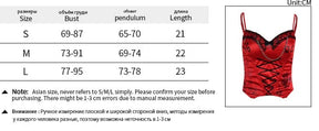 Bustier size chart for the red Heartbreaker set, listing S, M and L measurements in centimetres beside a product image.