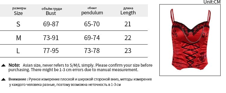 Bustier size chart for the red Heartbreaker set, listing S, M and L measurements in centimetres beside a product image.