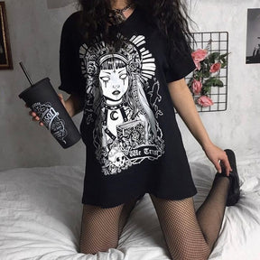 In Goth We Trust graphic T-shirt in Black, worn with the full front artwork visible.