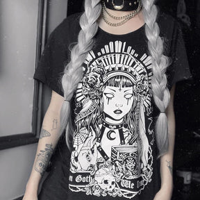 In Goth We Trust graphic T-shirt in Black, shown in a closer front outfit view.