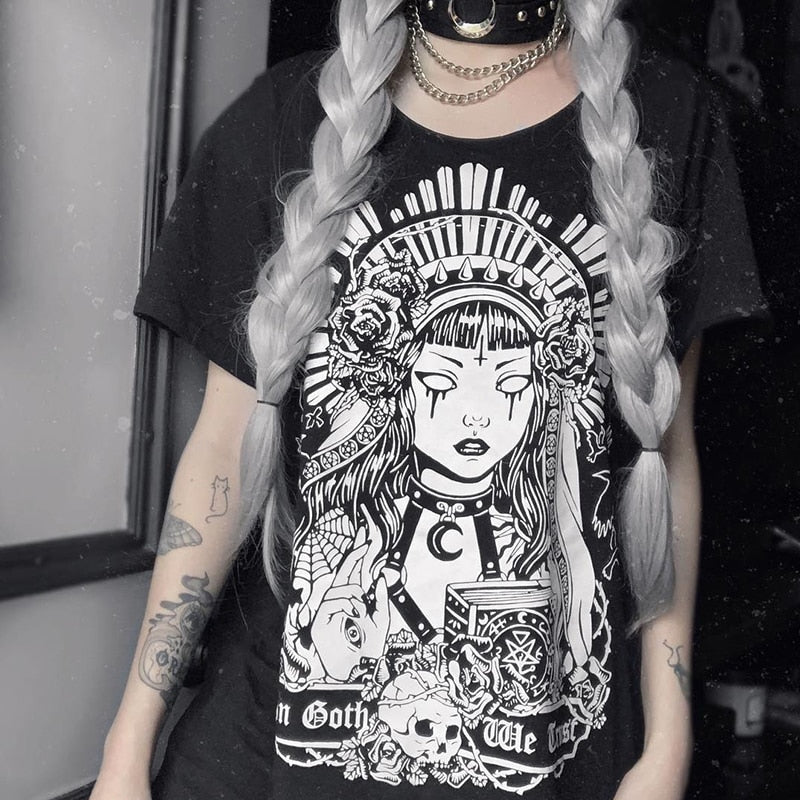 In Goth We Trust graphic T-shirt in Black, shown in a closer front outfit view.