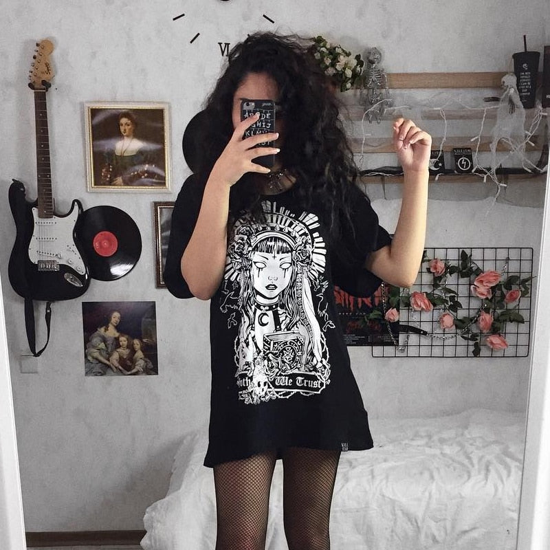 In Goth We Trust graphic T-shirt in Black, shown in a full mirror outfit.