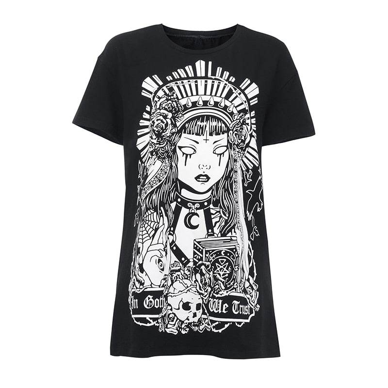 In Goth We Trust graphic T-shirt in Black, displayed alone on white.