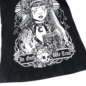 In Goth We Trust graphic T-shirt with a close view of the rabbit, skull and slogan banner.