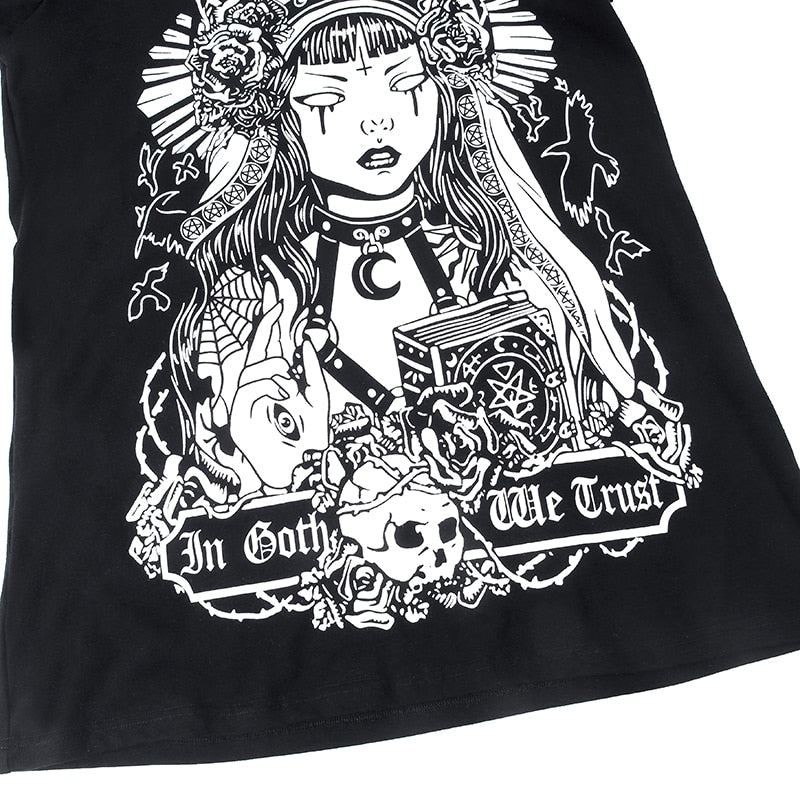 In Goth We Trust graphic T-shirt with a close view of the rabbit, skull and slogan banner.