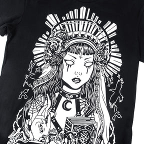 In Goth We Trust graphic T-shirt with a close view of the crowned figure, roses and bats.