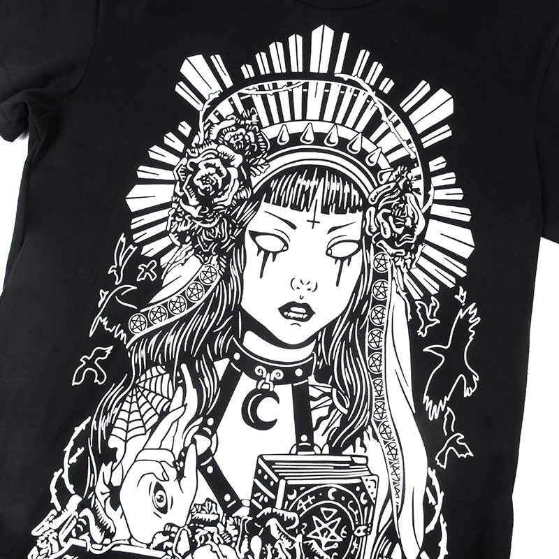 In Goth We Trust graphic T-shirt with a close view of the crowned figure, roses and bats.