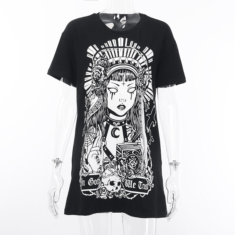 In Goth We Trust graphic T-shirt in Black, displayed from the front on a mannequin.