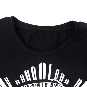 In Goth We Trust graphic T-shirt with a close view of the round neckline.