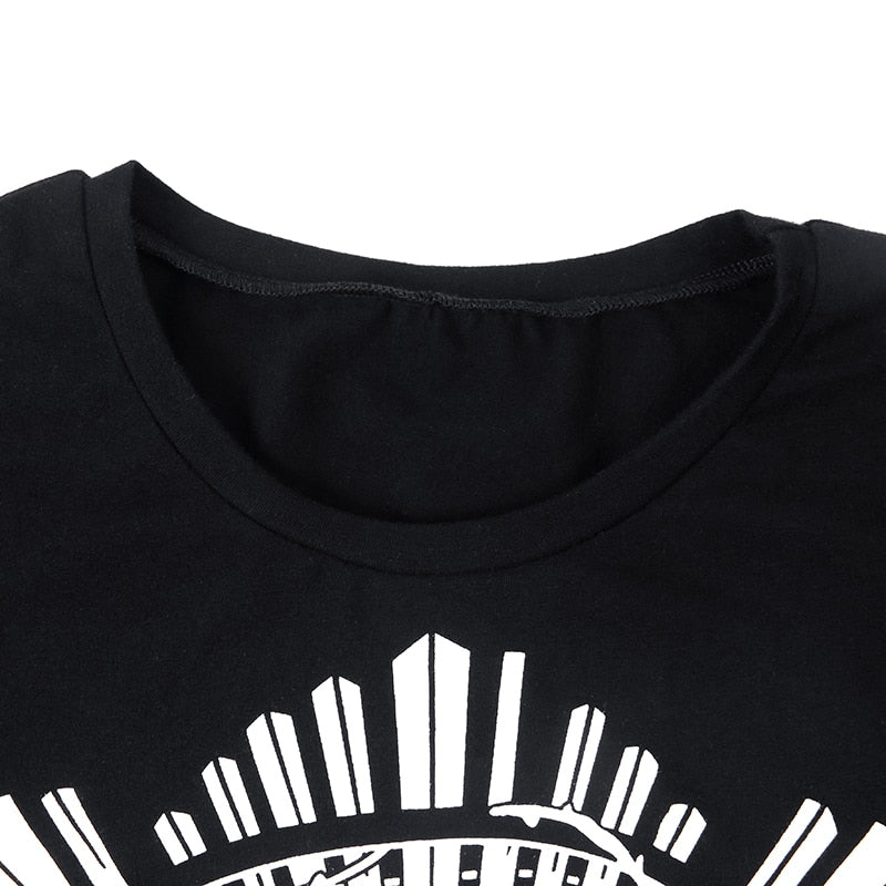 In Goth We Trust graphic T-shirt with a close view of the round neckline.