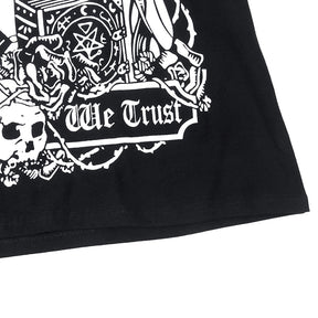 In Goth We Trust graphic T-shirt with a close view of the lower graphic and We Trust lettering.