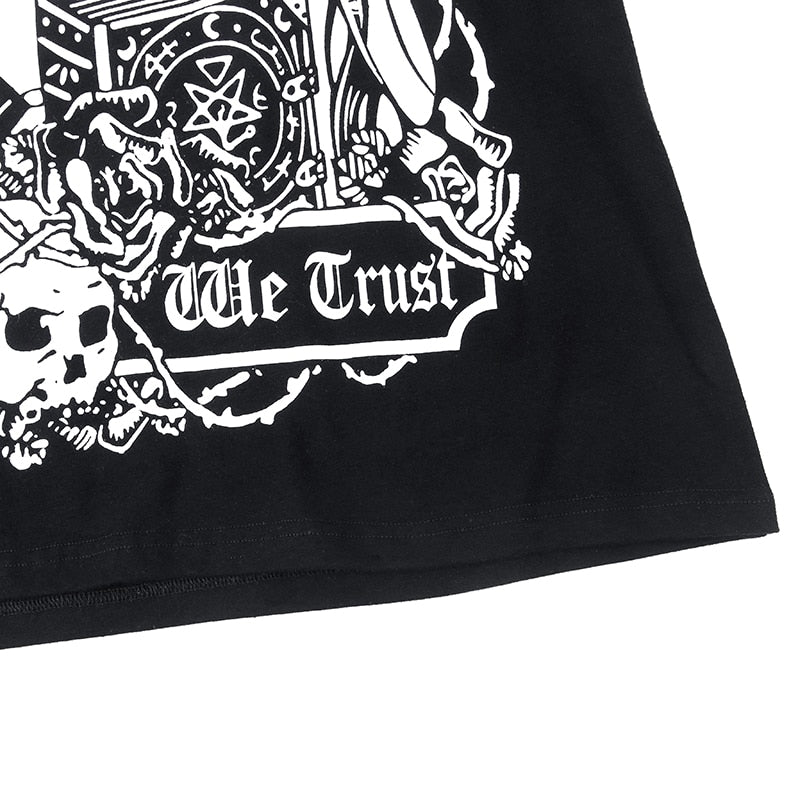 In Goth We Trust graphic T-shirt with a close view of the lower graphic and We Trust lettering.