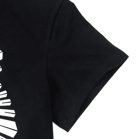 In Goth We Trust graphic T-shirt with a close view of the short sleeve.