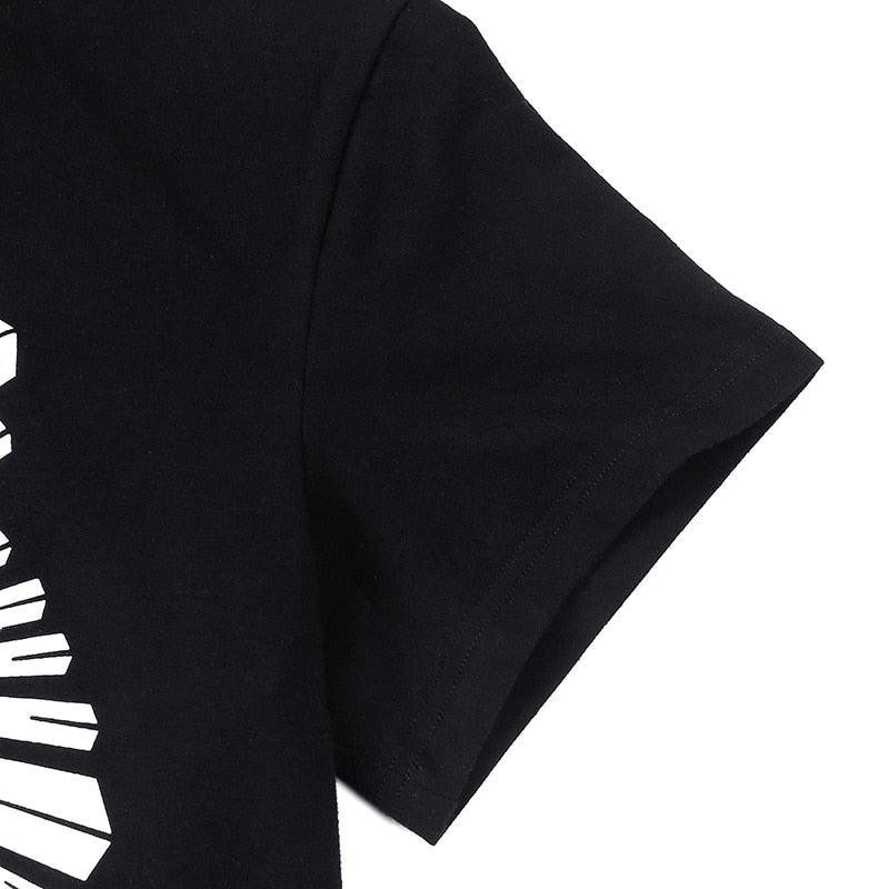 In Goth We Trust graphic T-shirt with a close view of the short sleeve.