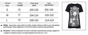 In Goth We Trust graphic T-shirt size chart showing S, M and L length, bust and hem circumference measurements.