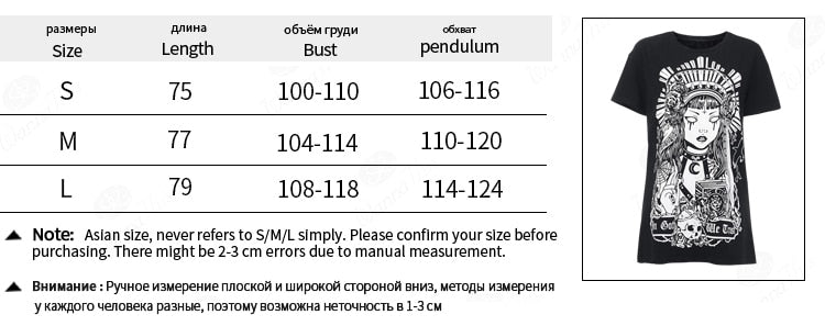 In Goth We Trust graphic T-shirt size chart showing S, M and L length, bust and hem circumference measurements.