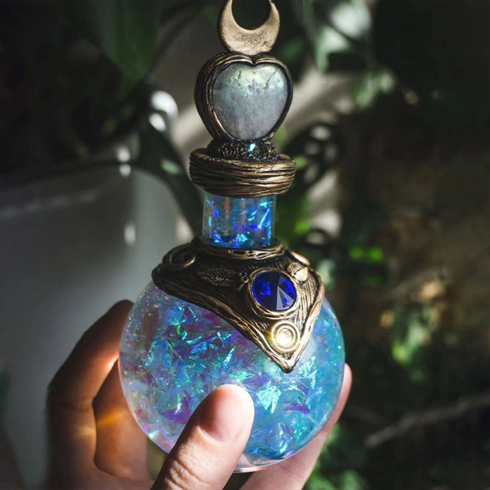 Blue heart and crescent bottle front