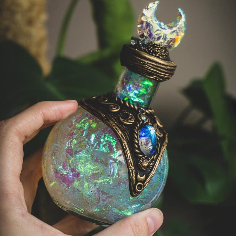 Iridescent crescent-top bottle close-up