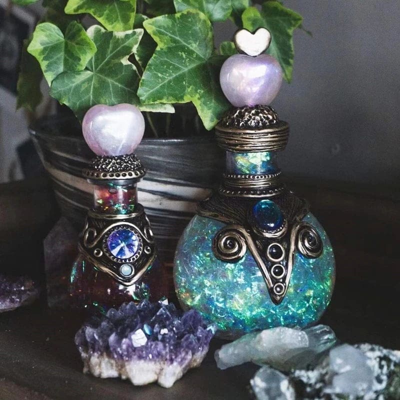 Decorative iridescent bottle pair with purple hearts