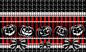 Flat artwork panel for the Halloween skirt, showing red and black stripes, a row of jack-o-lanterns, white hearts and black-and-white printed bows.