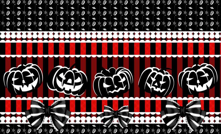 Flat artwork panel for the Halloween skirt, showing red and black stripes, a row of jack-o-lanterns, white hearts and black-and-white printed bows.