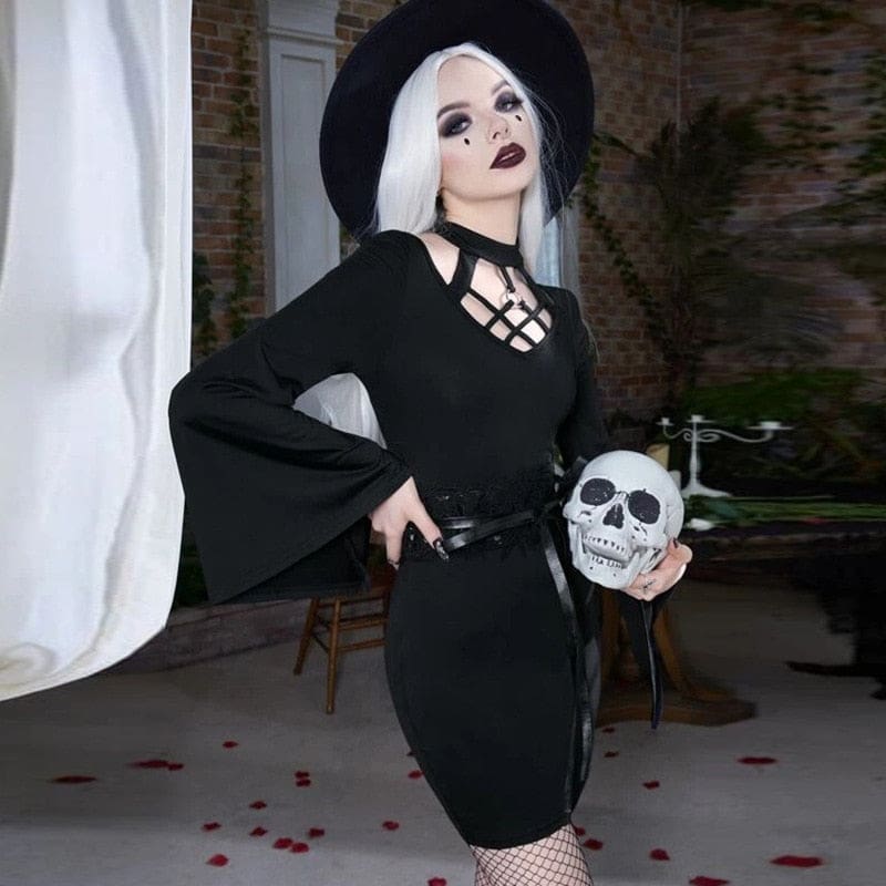 Black belted witch dress angled outfit