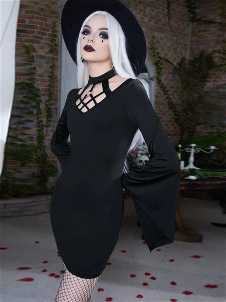 Black Lattice Neck Bell Sleeve Bodycon Mini Dress