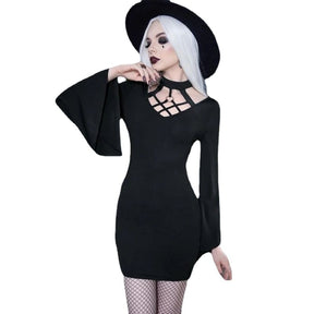 Black lattice-neck dress isolated outfit