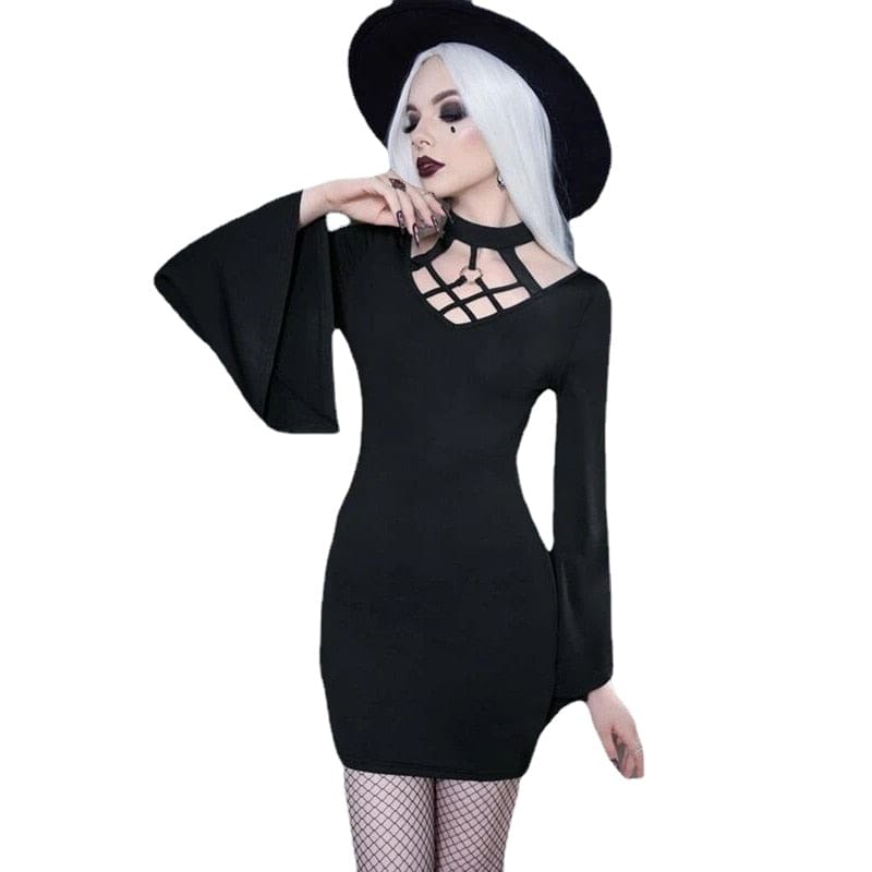 Black lattice-neck dress isolated outfit