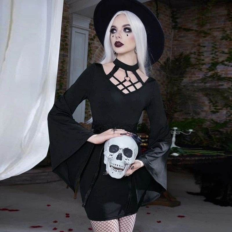 Black mini dress with skull styling prop