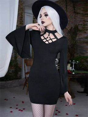 Black bell sleeve mini dress unbelted front